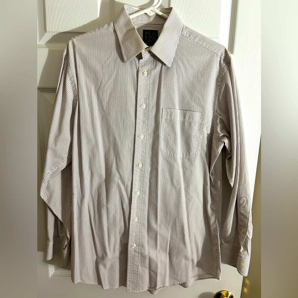Men's Size 16 Tailored Fit Red, Grey & White Pinstriped Jos A Bank Dress Shirt